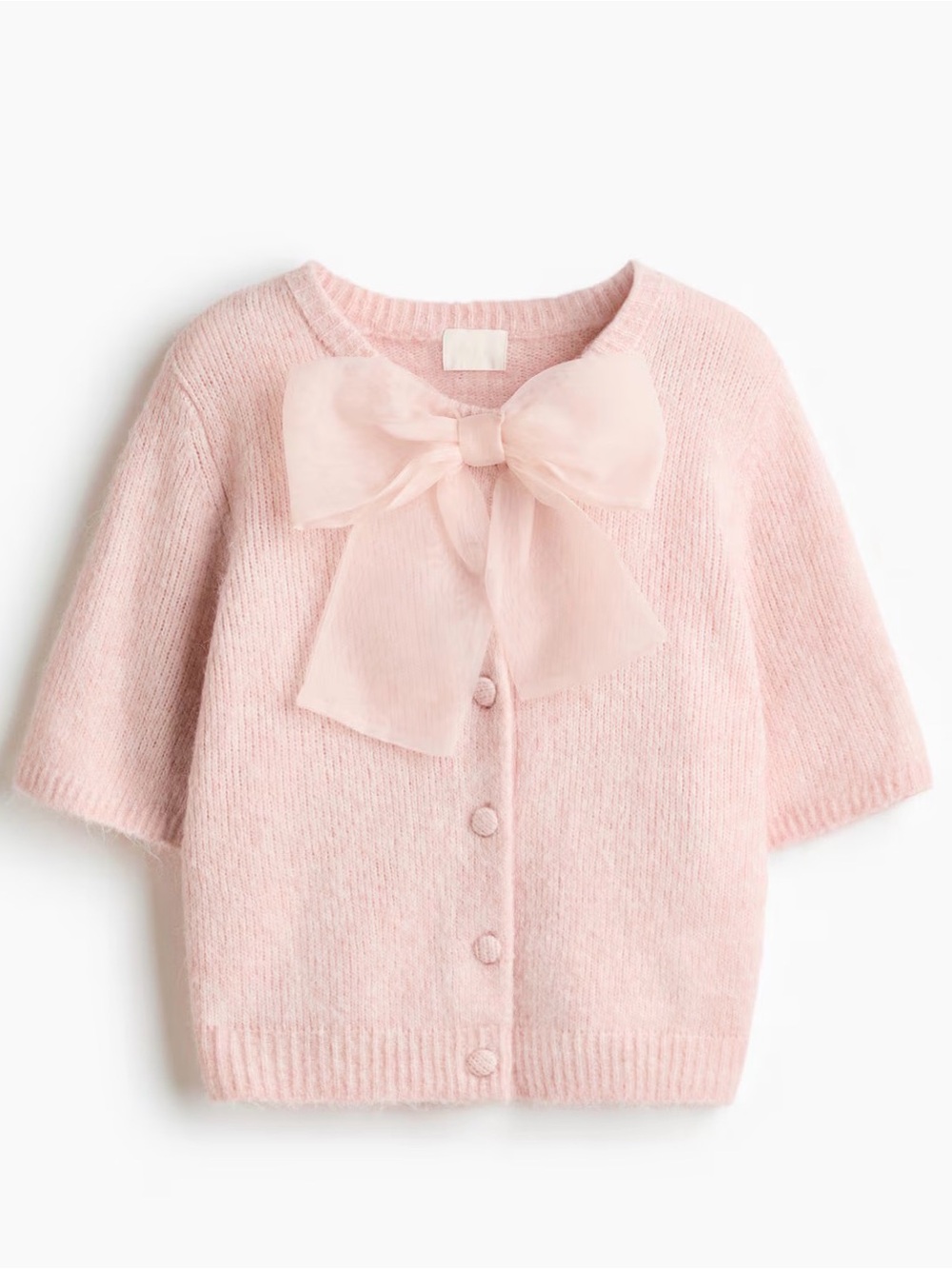 H&M NWT Light Pink Sheer Bow-Detail Knit Cardigan Front Buttons Short Sleeve M